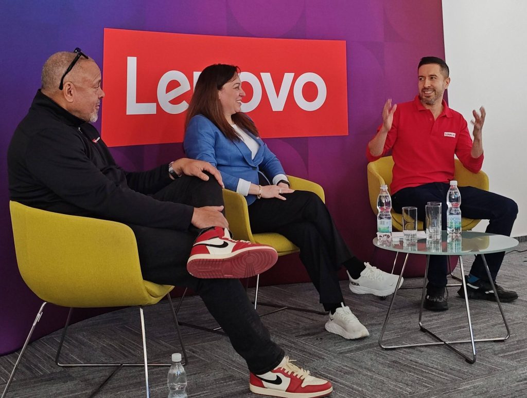 Calvin Crosslin, Ada Lopez, and Santiago Mendez in Lenovo's Bratislava office.